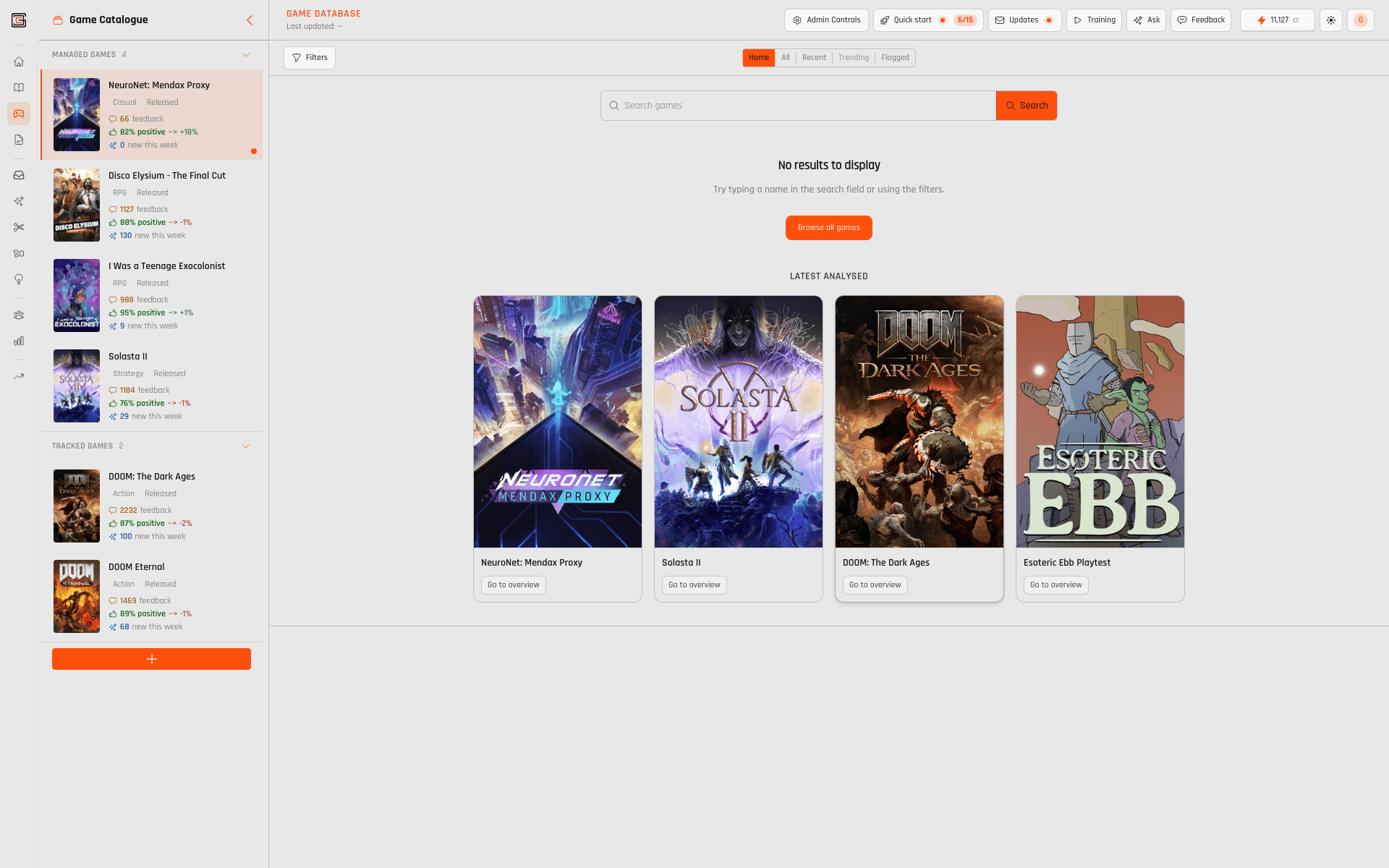 CoreDatabase · Game Database — IF THE CATALOGUE — LIES, EVERYTHING ELSE DOES. — Steam-shaped rows, enrichment on top