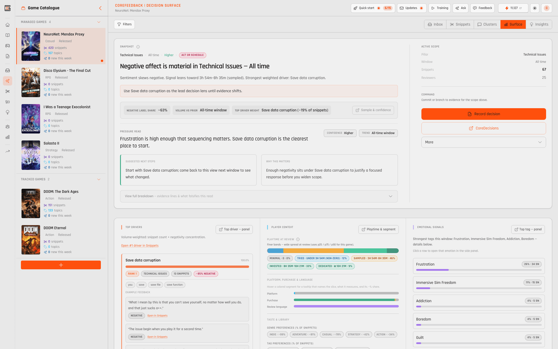 GameDataCore decision surface in the product